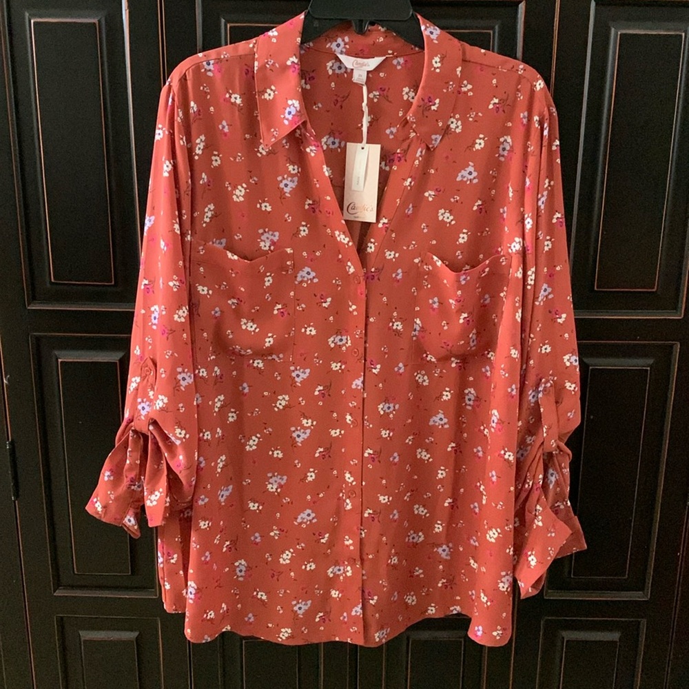 CANDiES Peach Floral Button Up Blouse Women’s 2X Boho Cottage Western Flowy